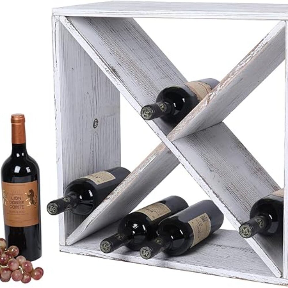 24-Bottle Wine Rack, Rustic Wooden Storage Cube, Weathered White - Picture 3 of 7